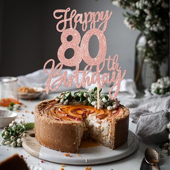 1 PCS Happy 80th Birthday Cake Topper Glitter Cheers to 80 Years Birthday Cake Pick Eighty Hello 80 Fabulous Cake Decorations for Happy 80th Birthday Anniversary Party Supplies Rose Gold
