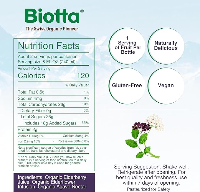 Biotta Organic Elderberry Juice - Naturally Sweetened Fruit Juice For Optimal Immune Support Function - With Immunity Boosting Elderberries - Good Source of Potassium (16.9 Fl Oz, Pk of 6)