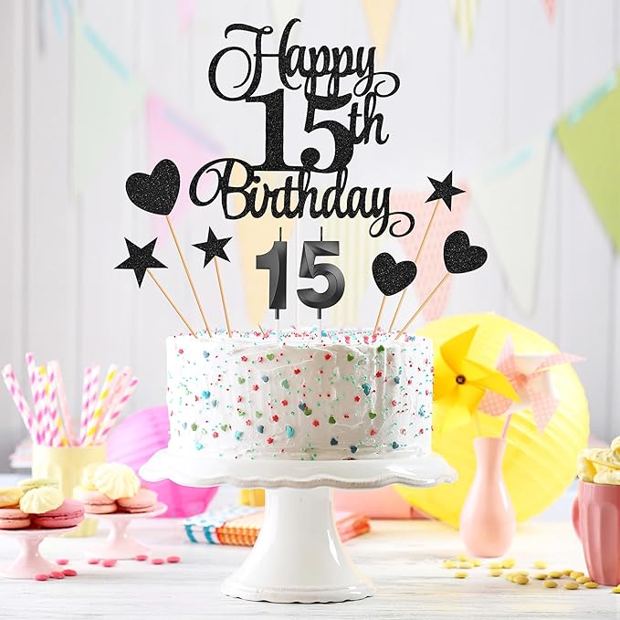 15th Birthday Cake Decorations, 15th Birthday Candles Cake Numeral Candles and Glitter Happy 15th Birthday Cake Toppers Set for Birthday Party Supplies (Black)