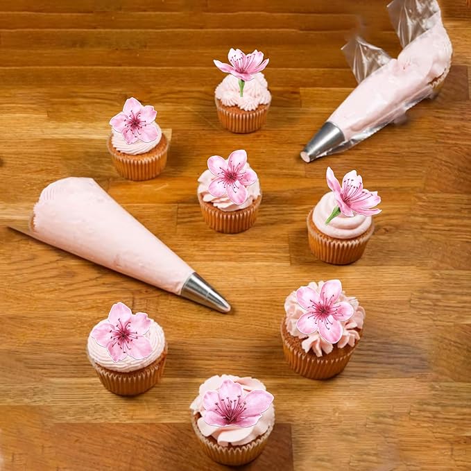 40 Pack Edible Cherry Blossom Cupcake Toppers Cherry Flowers Cake Toppers Rice Paper Wafer Paper Cupcake Picks for Cherry Blossom Baby Shower Kids Birthday Cupcake Decorations