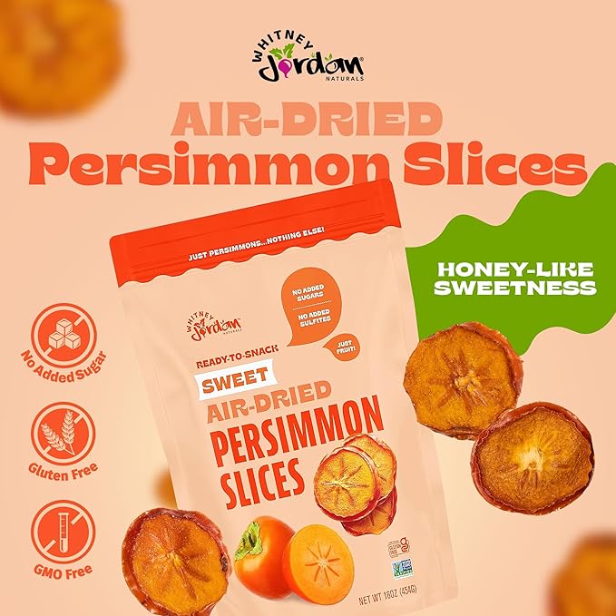 Whitney Jordan Naturals Air-Dried Persimmon Slices | Dried Fruit Snack Made from Real Persimmons | No Sugar Added, Gluten-Free, Vegan, Chewy Real Fruit for Clean Snacking | 16 Oz, Pack of 2