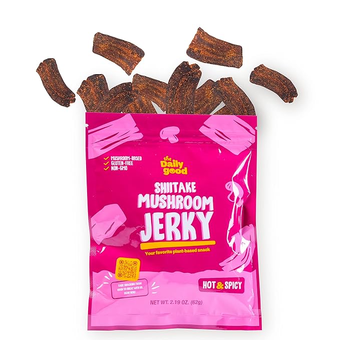 The Daily Good Mushroom Jerky - Single-Pack Snacks, Yummy High-Fiber Mushroom Snack, Meatless & Gluten-Free Food, Contains Eggs, Made from Shiitake Stalk, 0.58 lbs., Vegetarian, Hot & Spicy Flavor