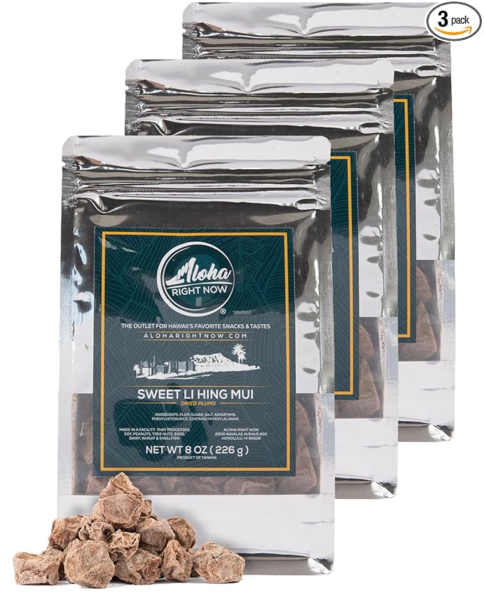 Aloha Right Now - Sweet Li Hing Mui Crack Seed Dried Plums - 8 oz (Pack of 3) - Li Hing Mui Candy for Snacking & Flavoring any Iced Beverage - Preserved Sweet Sour & Salty Asian Fruit Plum Seeds, Hawaiian Snacks