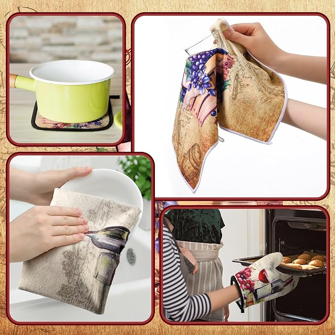 Bencailor 8 Pcs Kitchen Towel Pot Holders and Oven Mitts Set Kitchen Decoration 4 Dish Towels 2 Retro Oven Mitts 2 Potholders for Housewarming Gift Cooking Baking Grilling(Red Wine,Vintage Color)