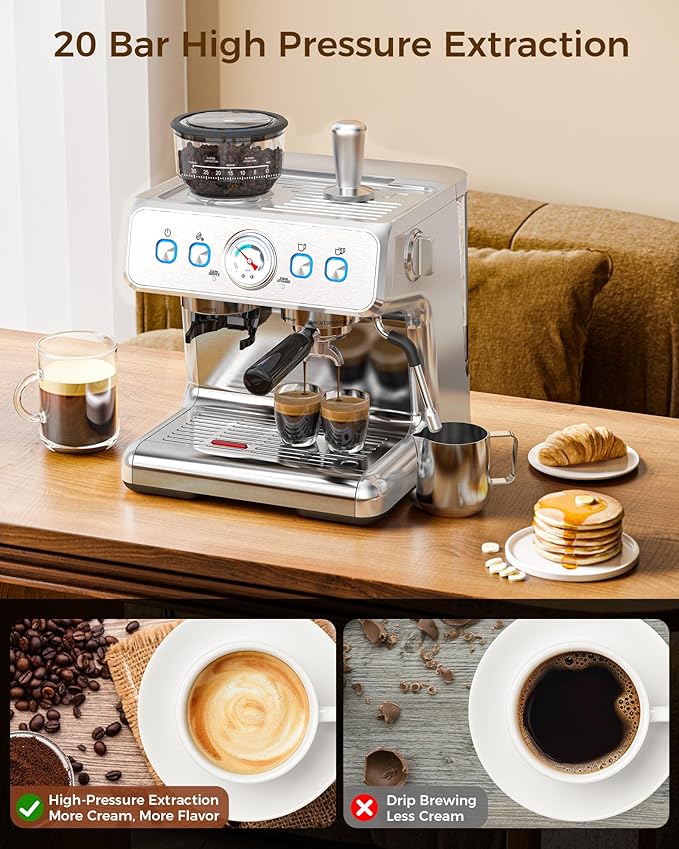 (2025 Upgrade)20 Bar Espresso Machine with Grinder & Milk Frother Steam Wand, Tamping Tools, Expresso Coffee Machines 58mm Commercial Espresso Maker for Home or Cafì±? Perfect for latte, Cappuccino