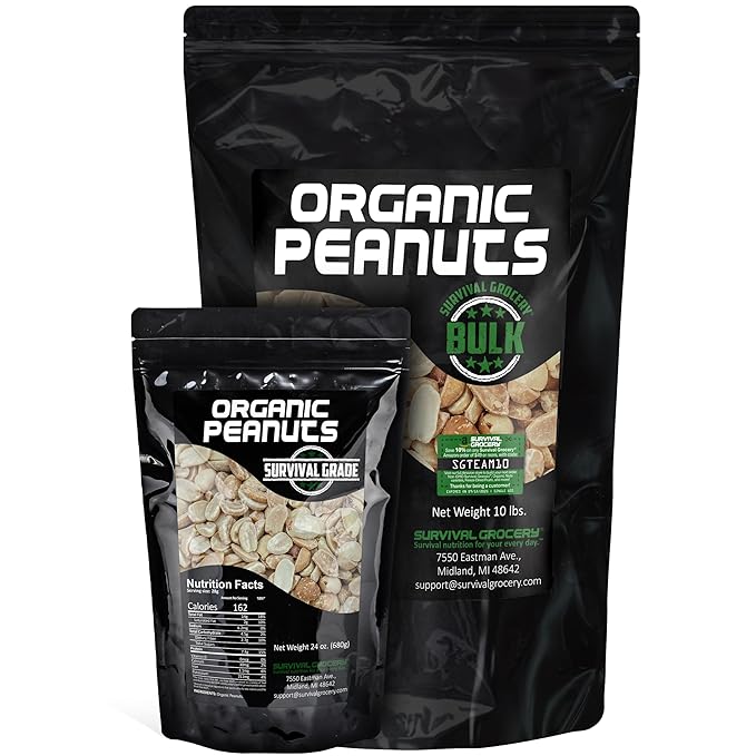 Survival Grocery짰 Organic Dry Roasted Peanuts - Protein Rich, Non-GMO, Gluten-free, Vegan-friendly, Low Carb Snack, Packed With Essential Vitamins & Minerals, Heart Healthy, Fiber-filled (10 lbs. Bulk/1 Bag)