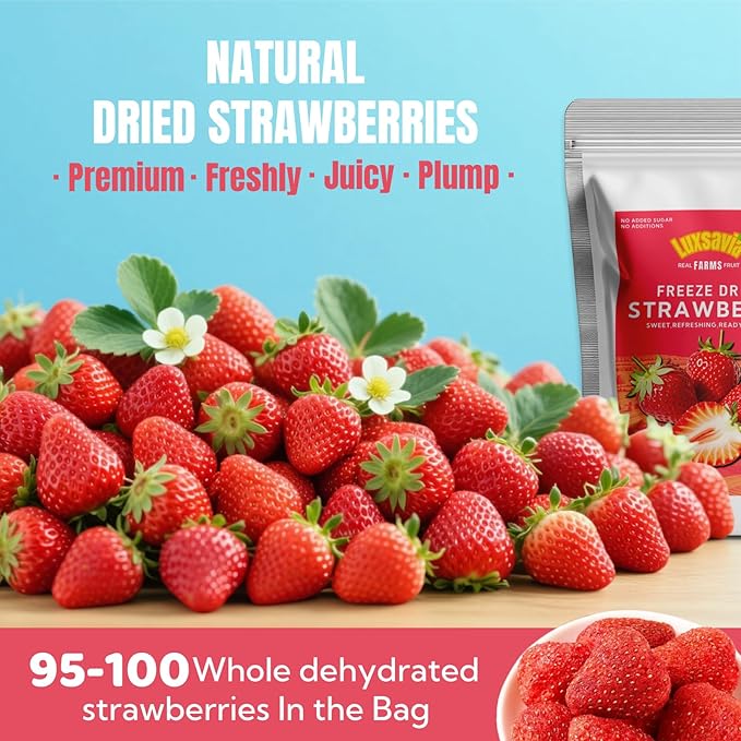 Premium Freeze Dried Strawberries 95-100 per bag,7.05OZ/200g Whole Big Natural Dried Strawberries No Additives,Dehydrated Strawberry No Sugar Added,Snacks