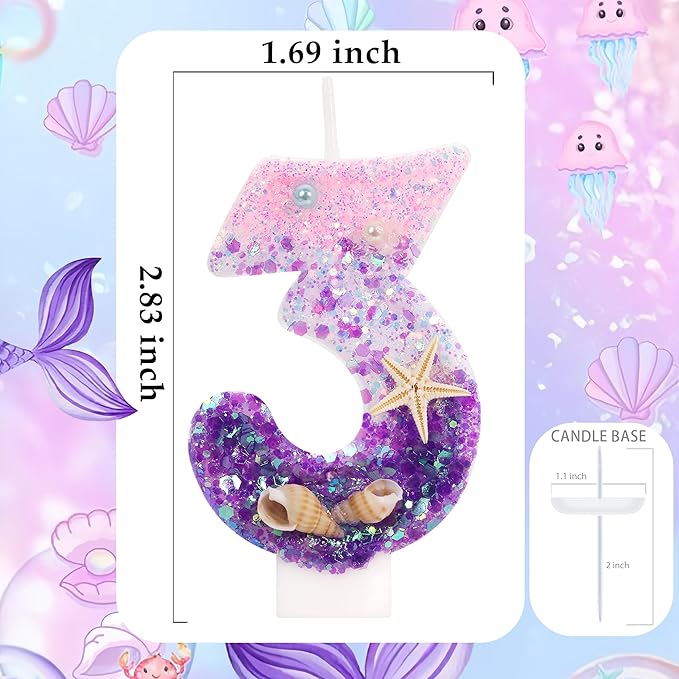 Purple Mermaid Party Number 3 Cake Candles, 2.76 inch Birthday Candle, Cake Topper Decoration for Birthday Party (Number 3)