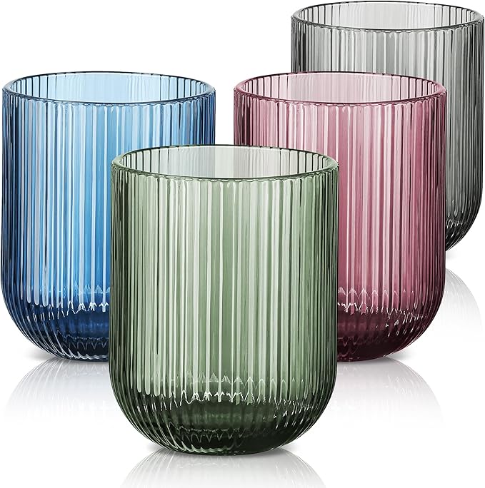 Joeyan Vintage Small Drinking Glasses,Ribbed Colored Water Cocktail Tumblers Cups,Beer Wine Juice Milk Beverages Glassware,9 oz,Set of 4,Dishwasher Safe