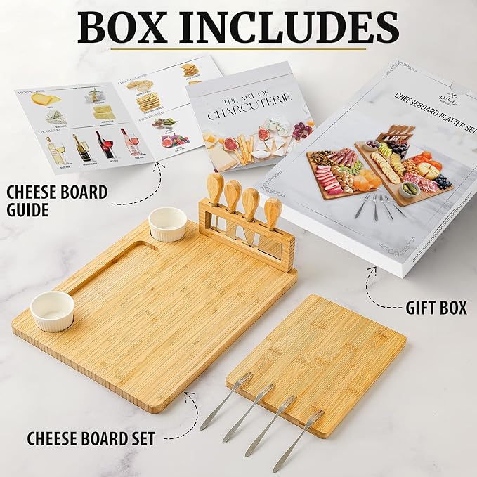 Zulay Kitchen Premium Bamboo Cheese Board Set - Extra Thick Bamboo Charcuterie Board Set with 4 Piece Knife Set - Wooden Cheese Board is Perfect for Charcuterie, Wine and Cheese (Platter Set)