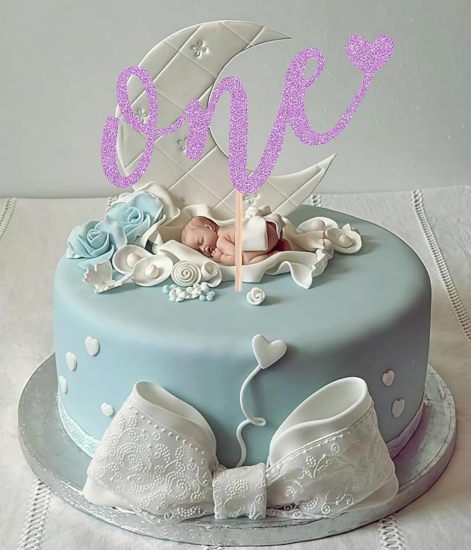 First Birthday Cake Topper - Light Purple Glitter Love One Birthday Cake Decorating Supplies, Perfect for Baby Shower/Gender Revealing Party/Baby Party Photo Booth Props