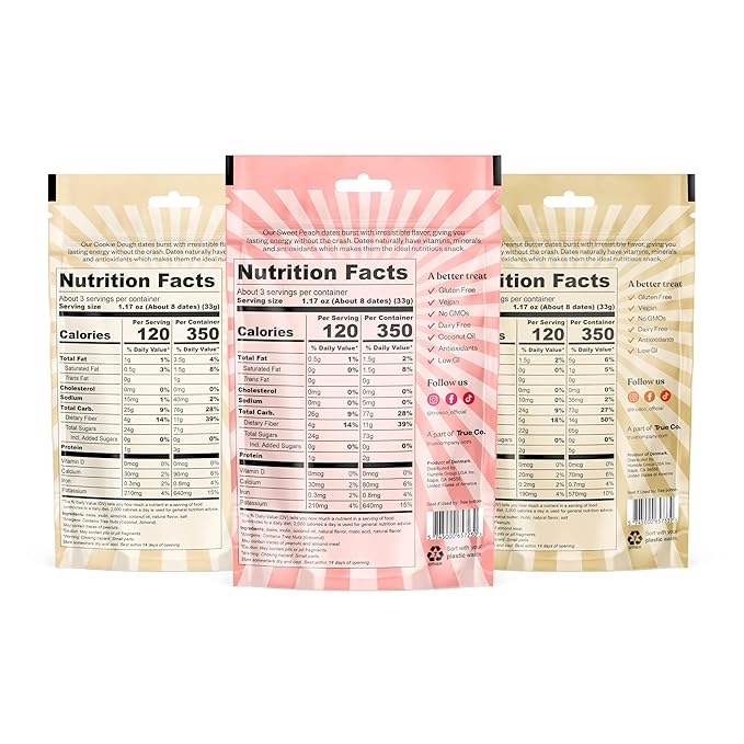 True Dates, Sweet Flavor Variety, 3-3.5 Ounce Bags (Creamy Peanut Butter, Cookie Dough, Sweet Peach) - Dates With Candy Flavor, Vegan, No Added Sugar, Gluten Free