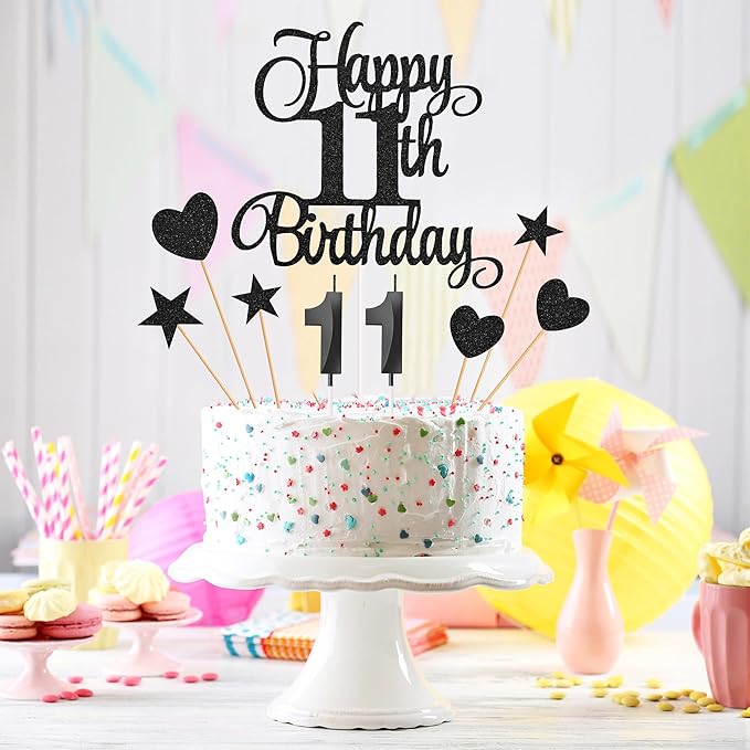 11th Birthday Cake Decorations, 11th Birthday Candles Cake Numeral Candles and Glitter Happy 11th Birthday Cake Toppers Set for Birthday Party Supplies (Black)