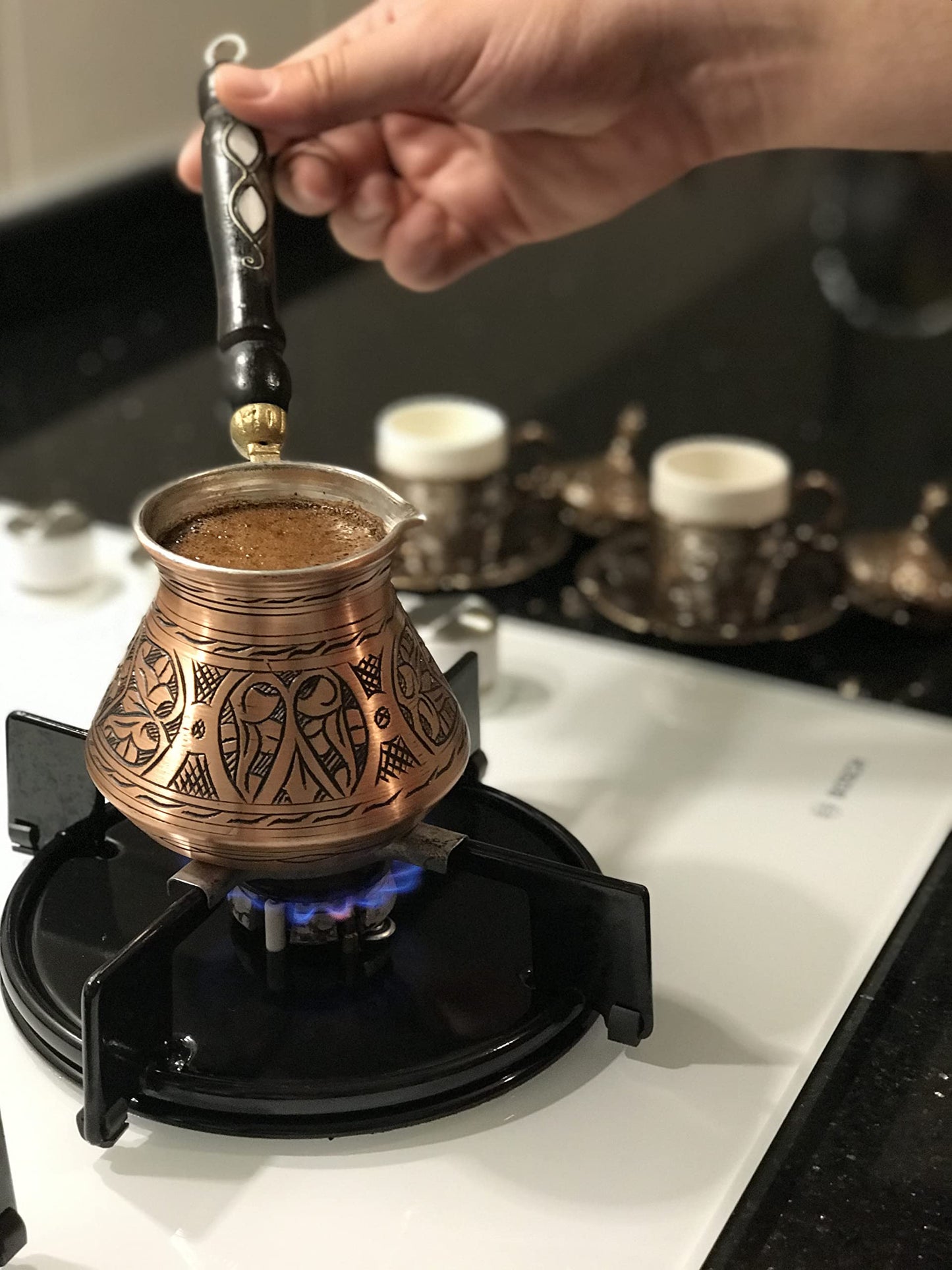 BCS 12 oz Handmade Copper Turkish Coffee Pot, Hand-Engraved Cezve & Spoon