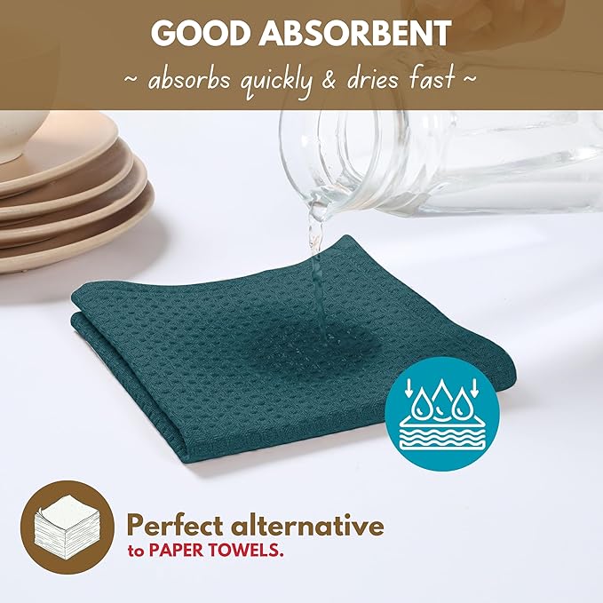 Native Fab Waffle 18 Pack Dish Cloths - Cotton, 12x12 inches, Absorbent, Quick Drying, Washable Towels for Cleaning, Cooking & Baking - Ideal for Home, Restaurants, Bars & Multi Use - Teal Green