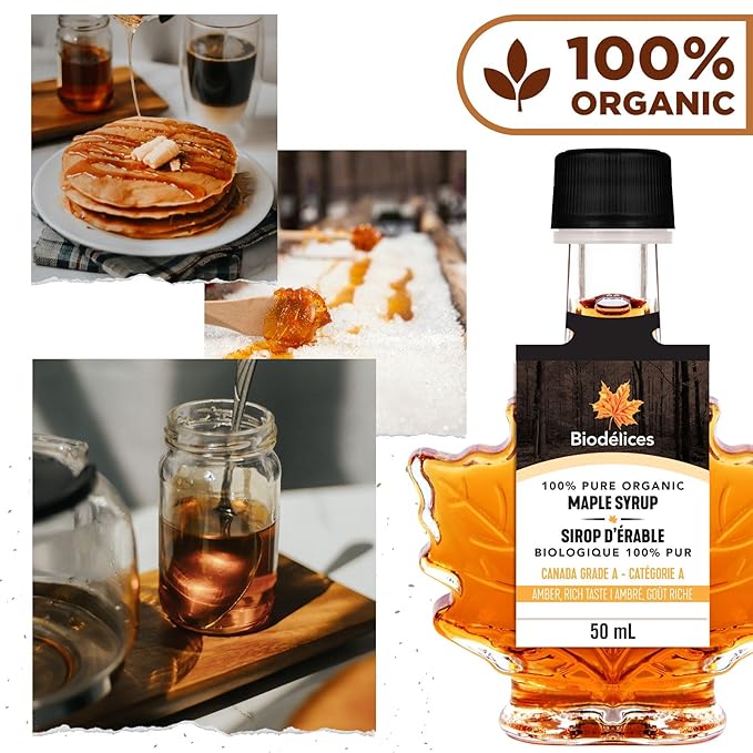 Biodélices 100% Pure Organic Maple Syrup - Premium Grade A - Quebec's Finest in Elegant Maple Leaf Bottle (1.69 Fl Oz (Pack of 1))