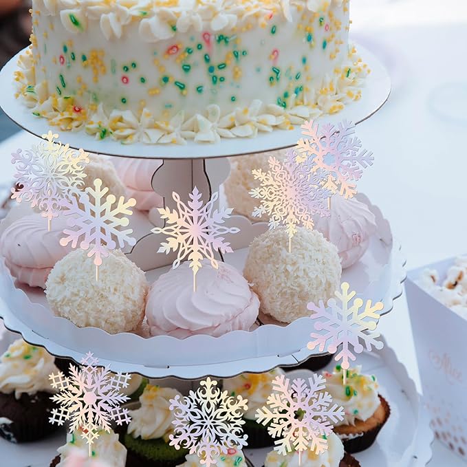 Rsstarxi 24 Pack Snowflake Cupcake Toppers Winter Frozen Theme Cupcake Toothpicks Baby Shower Kids Birthday Cake Decorations for Snowflake Theme Birthday Christmas Party Decorations