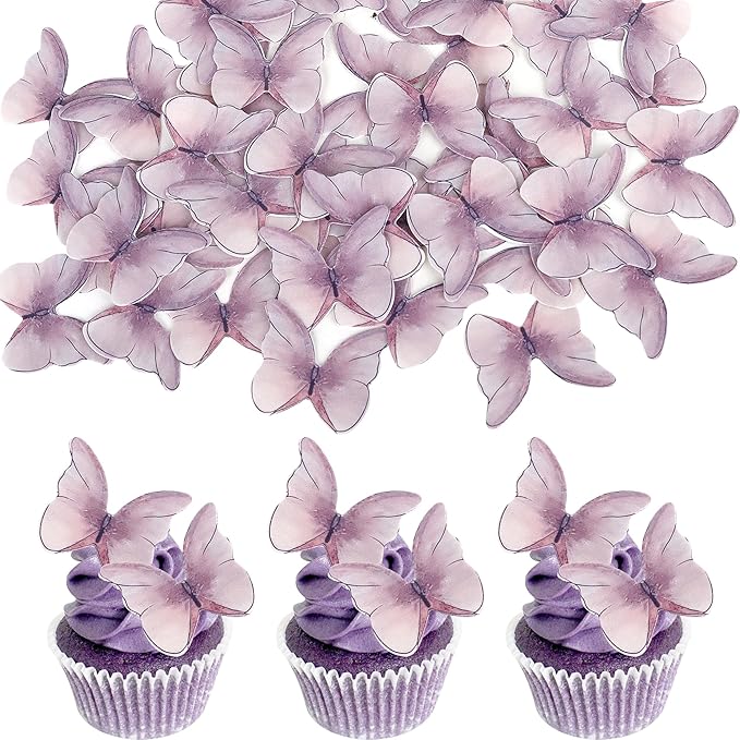 48PCS Edible Cupcake Toppers - Butterflies Cake Decoration - Edible Butterfly Cupcake Picks for Wedding, Bridal Shower, Baby Shower, Birthday Party - Purple