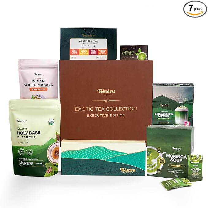 Teaniru, Exotic Collection-Christmas Gift Box | Holiday Flavored Teas, Moringa Soup, Strawberry Matcha Latte, Spiced Masala Chai, Assorted Loose Leaf Teas, Holy Basil Tea & Ceremonial Matcha