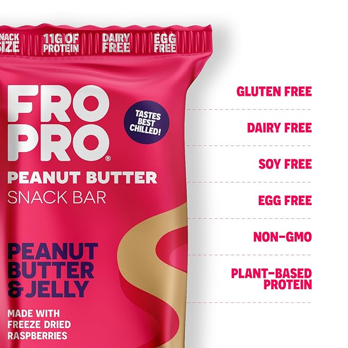 FROPRO Plant Protein Snack Bars - Plant Based Protein Bars, All-Natural, Gluten, Dairy, & Soy Free, High Protein Bars with Low Calories | PB & J, 24 Pack