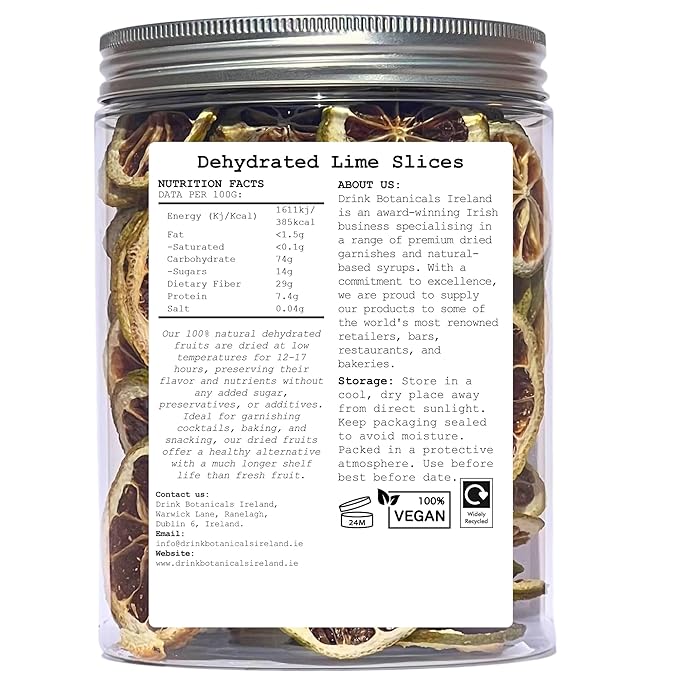 Dehydrated Dried Lime Slices Wheels | 50 + Servings Approx. | 100% Natural No Added Sugars | Cocktails, Wreath Making, Tea, Cakes, Garnish Decoration | Limes For Cocktails | PET Jar |4.9 OZ, 140 Grams