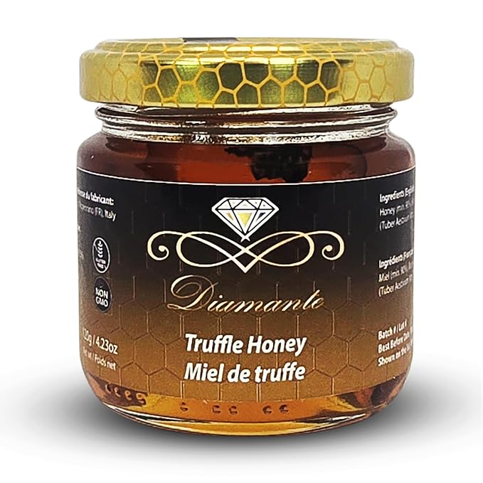 Diamante Italy Truffle Honey - Italian Luxurious Gourmet Flavored Honey with 3% Black Truffle - Ideal for Charcuterie Board & Cheese Plate - Non GMO & Made in Italy - 120g