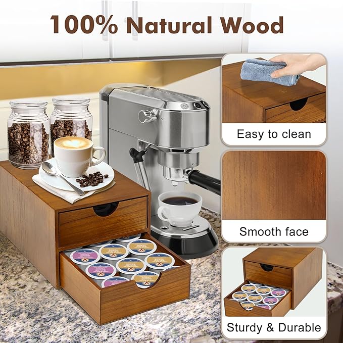 Wooden K Cup Organizer Coffee Pod Storage Box - K Pod Holder with Two Drawers, K Cup Drawer Under Brewer and Coffee Maker Machine Stand, 30 Pod Capacity, Style B ??,<div>