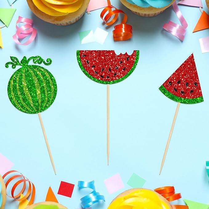 24Pcs Watermelon Cupcake Toppers One in a Melon Cupcake Picks Watermelon Fruit Cake Topper decorations for Baby Girl Birthday Party Cake Decorations Supplies