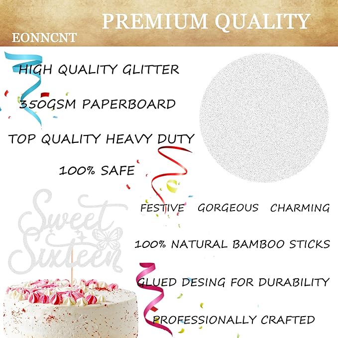 Sweet Sixteen Cake Topper - Silver Glitter Butterfly Theme Sweet 16 Birthday Cake Decorating Supplies for Girls, Sweet 16 Cake Topper for Happy 16th Birthday Party Supplies Photo Booth Props