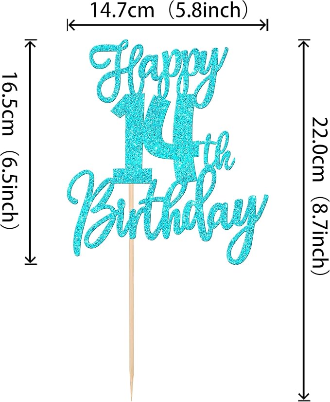 1 PCS Happy 14th Birthday Cake Topper Glitter Cheers to 14 Years Birthday Cake Pick Fourteen Hello 14 Fabulous Cake Decoration for Happy 14th Birthday Anniversary Party Decorations Supplies Blue
