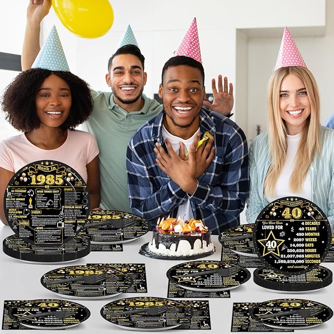 96Pcs 40th Birthday Plates and Napkins Back in 1985 Party Decorations Black Gold 40 Year Old Dessert Plates 1985 Birthday Cheers to 40 Years Theme Tableware Set for 24 Guests Men Women Party Supplies