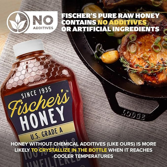 Fischer’s 100% Pure, Raw & Unfiltered Honey, 40 oz – USA Made Honey – All-Natural Sweetener – Rich Flavor Profile, Packed with Nutrients