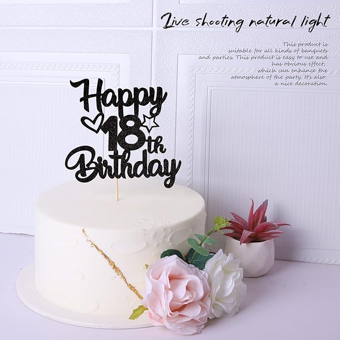 1 Pack Happy 18th Birthday Cake Topper Glitter Heart Star 18 Fabulous Cake Pick Birthday Sign Cake Decorations for 18th Birthday Theme Party Supplies Black