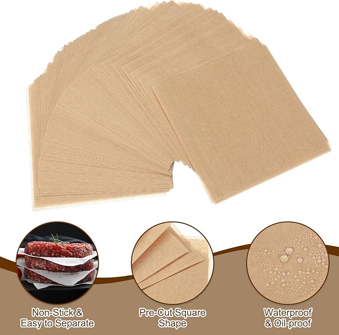 uxcell 500 Pcs Unbleached Parchment Paper Baking Sheets Squares, 2.4 Inch Hamburger Patty Paper, Non Stick Parchment Pulp Paper for Baking Grilling or Meat Storage, Wood Color