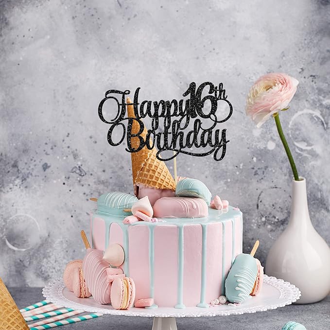 1 Pack Happy 16th Birthday Cake Topper Glitter Number 16 Sixteen Years Old Birthday Cake Pick Decoration for 16th Birthday Celebrating Anniversary Party Supplies Gold