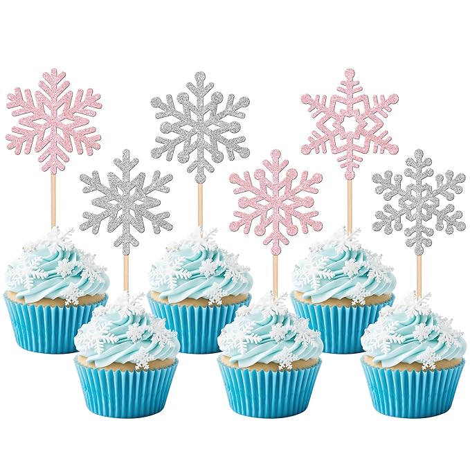 24 PCS Snowflake Cupcake Toppers Glitter Frozen Snowflake Cupcake Picks Winter Wonderland Cake Decorations for Winter Frozen Theme Baby Shower Kids Birthday Christmas Party Supplies Silver Pink