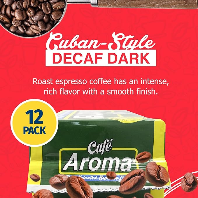 Café Aroma Decaf Dark Roast Espresso Ground Coffee, Authentic Cuban Style Coffee, Vacuum Sealed, 8.8oz, Perfect for Hot and Iced Coffee, 12-Pack