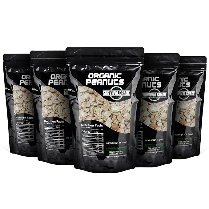 Survival Grocery짰 Organic Dry Roasted Peanuts - Protein Rich, Non-GMO, Gluten-free, Vegan-friendly, Low Carb Snack, Packed With Essential Vitamins & Minerals, Heart Healthy, Fiber-filled (120 oz./5 Bags)