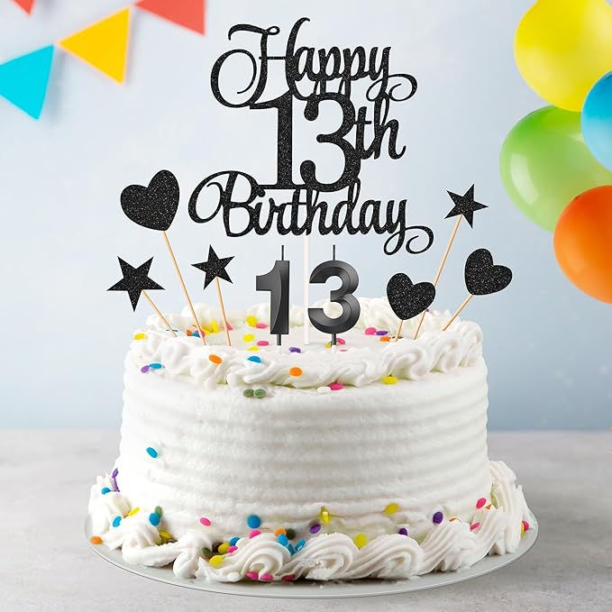 13th Birthday Cake Decorations, 13th Birthday Candles Cake Numeral Candles and Glitter Happy 13th Birthday Cake Toppers Set for Birthday Party Supplies (Black)