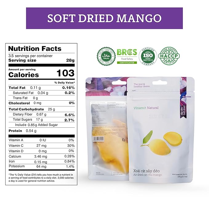 Vinamit Soft Dried Mango | Naturally Sweet Cat Chu Mango Slices | 3.5 oz Bag | Vegan, Non-GMO, Gluten-Free & Low Added Sugar | Rich in Potassium | Ideal for Travel, Healthy Snacking