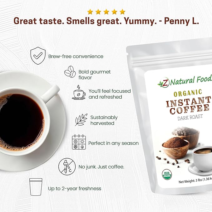 Z Natural Foods Organic Instant Coffee Powder - Rich Dark Roast Flavor, Arabica Instant Espresso Powder with Antioxidants to Boost Energy, Mood & Focus - Gourmet Instant Coffee in Resealable Bag, 3 lbs