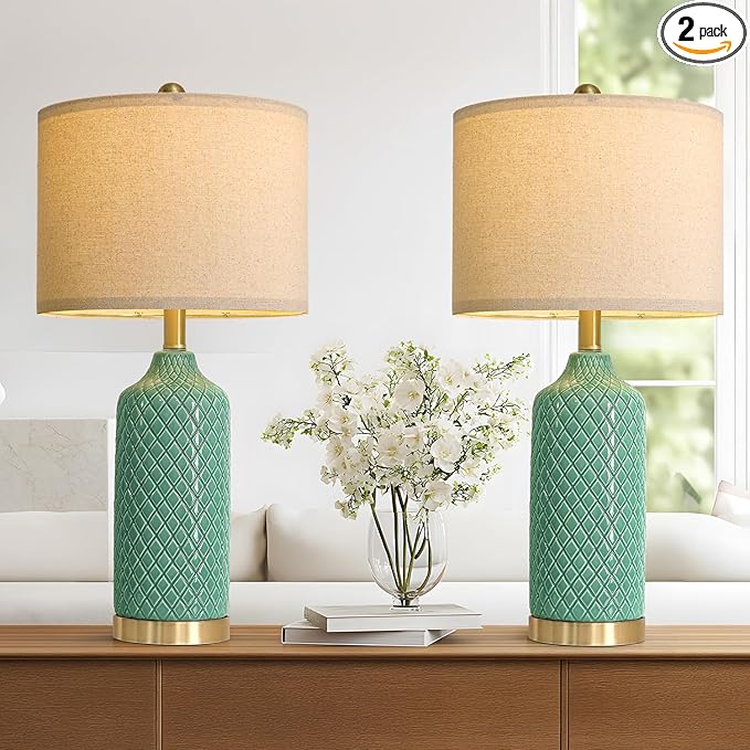 G-SAFAVA24.25 Modern Ceramic Green Table Lamps Set of 2 for Living Room, Farmhouse, Bedside, Bedroom, Side & End Tables Nightstand Light Home Office Desk Lamps Gifts