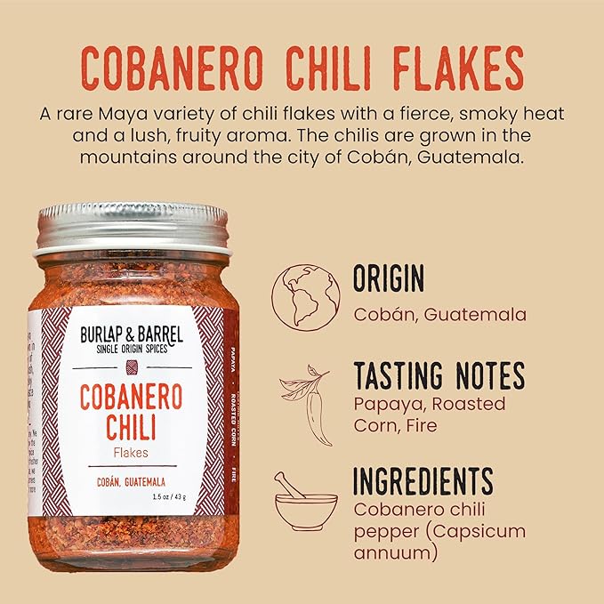 Burlap & Barrel Cobanero Chili Flakes ??Smoky Heat with Fruity, Peachy Aroma ??Red Chili Flakes for Spicy Dishes ??As Seen On Shark Tank - 1.5oz Glass Jar