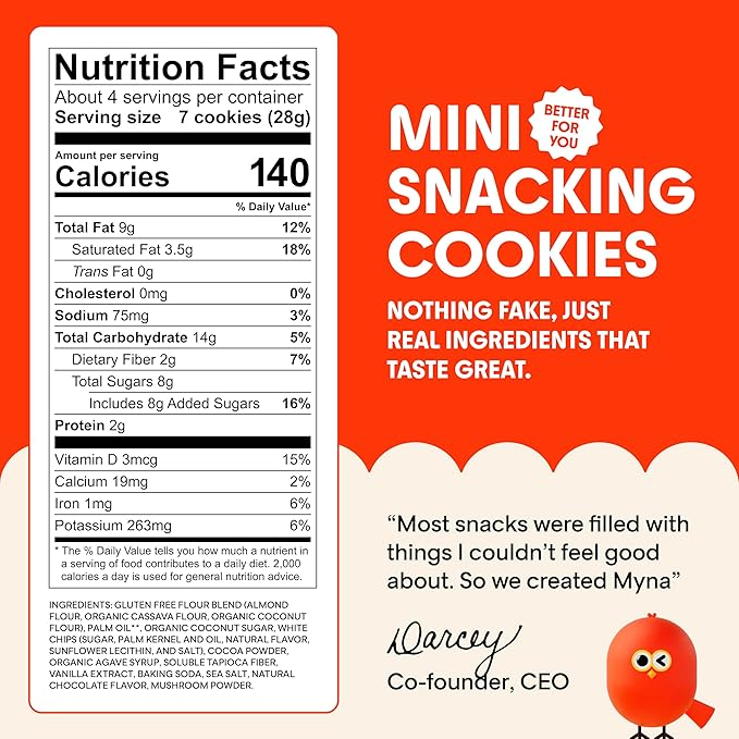 Myna Snacks Midnight Mini Snacking Cookies - Seed Oil Free Snacks - Gluten and Dairy Free Snack - Chocolate Cookies w/White Chips - Healthy Dessert - Sweet Cookie Bites, 16oz (Pack of Four, 4oz Bags)