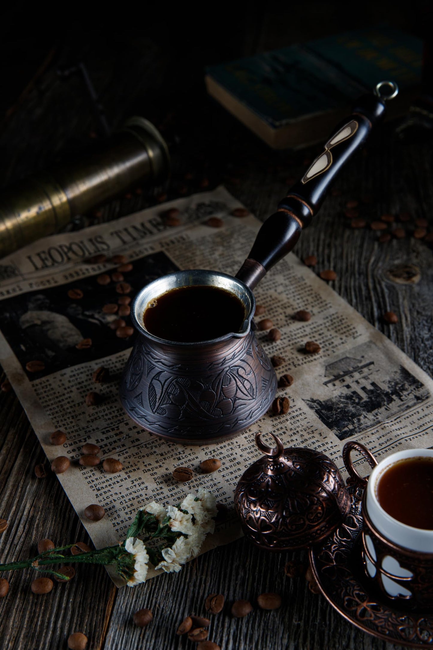 DEMMEX Copper Turkish Coffee Pot Cezve Ibrik Greek Coffee Briki Stovetop Coffee Maker with Wooden