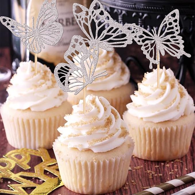 Rsstarxi 24 Pack Butterfly Cupcake Toppers Glitter Assembled Hollow Butterfly Baby Shower Cupcake Picks Wedding Engagement Bridal Shower Kids Birthday Party Cake Decorations Supplies Silver