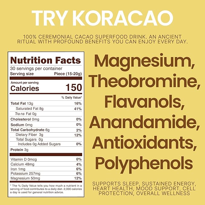 KORACAO Sustainably Harvested Cacao | Ideal Superfood for Everyday Bliss | Ceremonial Grade Cacao | Enhance Your Spiritual Journey with Ancient Superfood Delight - 1/2 Pound