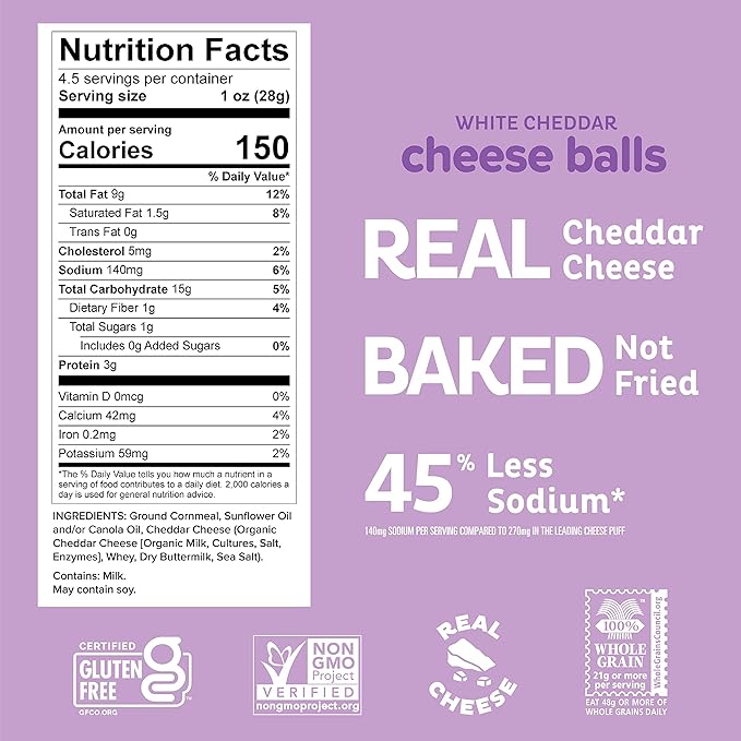 Heirloom White Cheddar Cheese Balls by Pipcorn - 4.5oz 6pk - Healthy Snacks, Gluten Free, Heirloom Corn, Baked not Fried