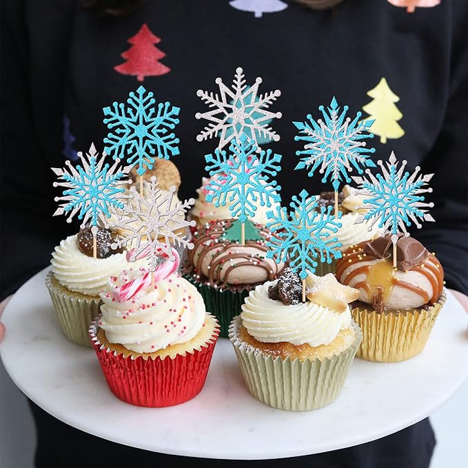 24 PCS Glitter Snowflake Cupcake Toppers Winter Frozen Theme Cupcake Picks Winter Wonderland Cake Decorations for Snowflake Theme Baby Shower Birthday Merry Christmas Party Supplies Blue Silver