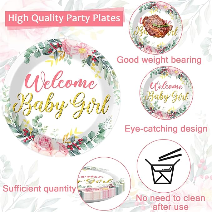 96Pcs Welcome Baby Girl Plates and Napkins Baby Shower Party Decorations Sage Green Pink Dessert Disposable Plates Pink Green Floral Tableware Set for 24 Guests Baby Girls Birthday Party Supplies